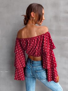 SHEIN Frenchy Polka Dot Off Shoulder Layered Sleeve Blouse - Burgundy - View 2