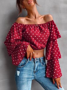 SHEIN Frenchy Polka Dot Off Shoulder Layered Sleeve Blouse - Burgundy - View 3