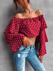 SHEIN Frenchy Polka Dot Off Shoulder Layered Sleeve Blouse - Burgundy - View 4