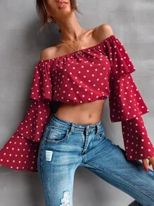 SHEIN Frenchy Polka Dot Off Shoulder Layered Sleeve Blouse - Burgundy - View 5
