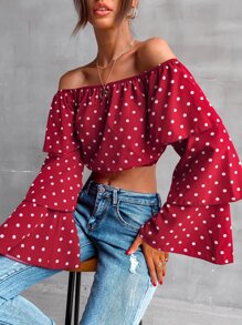 SHEIN Frenchy Polka Dot Off Shoulder Layered Sleeve Blouse - Burgundy - View 6