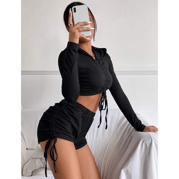 

Drawstring Hooded Tee & Elastic Waist Shorts, Black