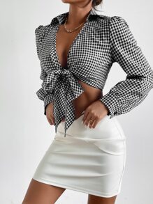 Gingham Puff Sleeve Tie Front Top - Black and White - View 3
