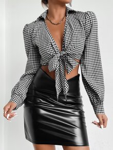 Gingham Puff Sleeve Tie Front Top - Black and White - View 4