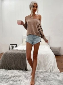 SHEIN LUNE Space Dye Boat Neck Batwing Sleeve Tee Fall Cloth For Women - Apricot - View 4