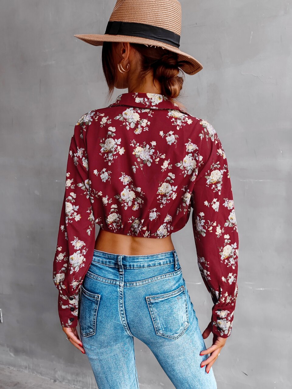 Floral Print Bishop Sleeve Knot Front Top