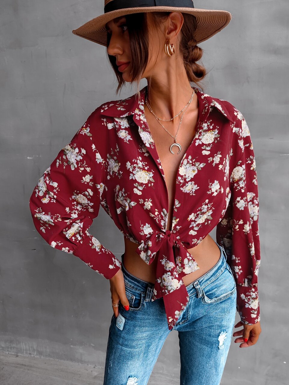 Floral Print Bishop Sleeve Knot Front Top