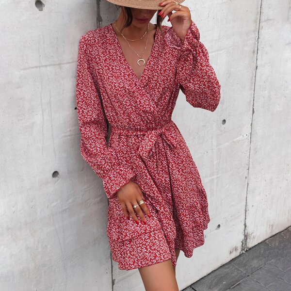 

Plants Print Ruffle Hem Belted Dress, Burgundy
