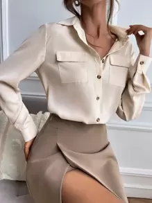 SHEIN Clasi Solid Collared Button Up Flap Pocket Shirt,Long Sleeve Tops Fall Cloth For Women - Beige - View 1