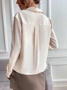 SHEIN Clasi Solid Collared Button Up Flap Pocket Shirt,Long Sleeve Tops Fall Cloth For Women - Beige - View 2