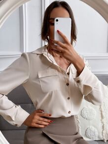 SHEIN Clasi Solid Collared Button Up Flap Pocket Shirt,Long Sleeve Tops Fall Cloth For Women - Beige - View 4