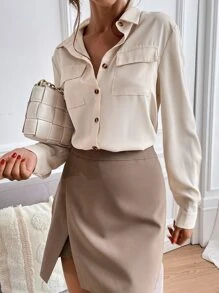 SHEIN Clasi Solid Collared Button Up Flap Pocket Shirt,Long Sleeve Tops Fall Cloth For Women - Beige - View 7