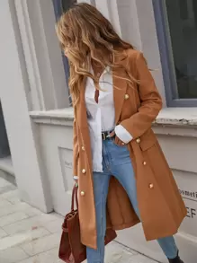 SHEIN Clasi Double Breasted Lapel Neck Overcoat - Camel - View 1