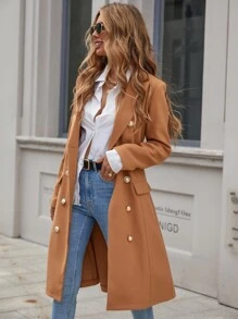 SHEIN Clasi Double Breasted Lapel Neck Overcoat - Camel - View 3