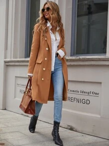 SHEIN Clasi Double Breasted Lapel Neck Overcoat - Camel - View 4