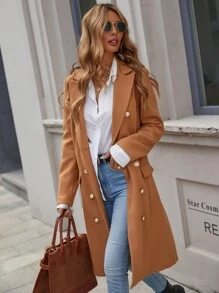 SHEIN Clasi Double Breasted Lapel Neck Overcoat - Camel - View 5