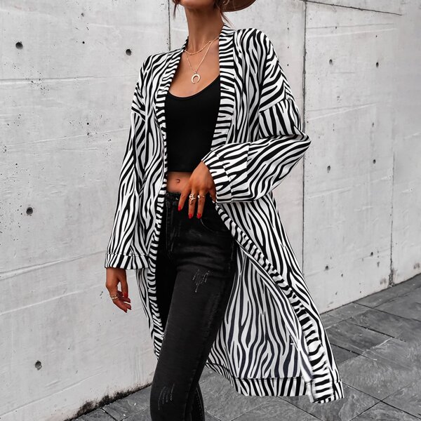 

Zebra Stripe Open Front Kimono, Black and white