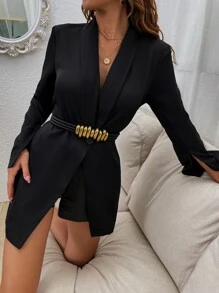 SHEIN Privé Shawl Collar Split Sleeve Single Button Blazer Without Belt - Black - View 7