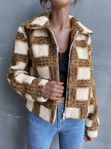 Cazadora teddy de cuadros cremallera - Multicolor - Ver 1