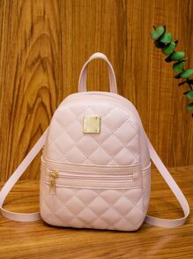 Metal Patch Quilted Pattern Zip Front Backpack - Pink - View 3