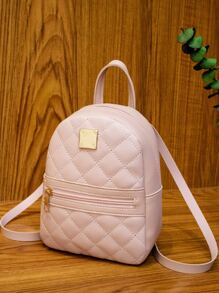 Metal Patch Quilted Pattern Zip Front Backpack - Pink - View 1