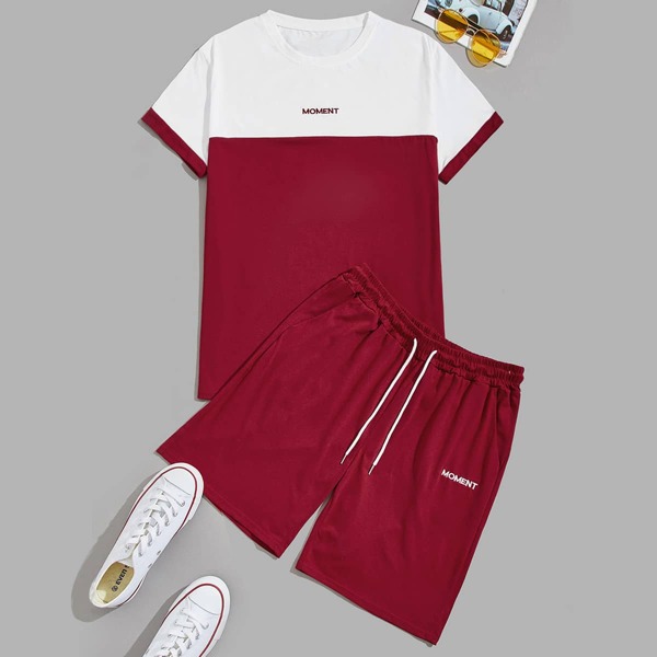 

Men Letter Graphic Two Tone Tee With Track Shorts, Burgundy