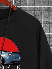 Manfinity Hombres Sudadera con estampado de coche y letra japonesa - Negro - Ver 6