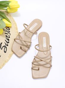 Ladies' Apricot Color Cross Strap Flat Slide Sandals - Apricot - View 5