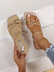 Ladies' Apricot Color Cross Strap Flat Slide Sandals - Apricot - View 6