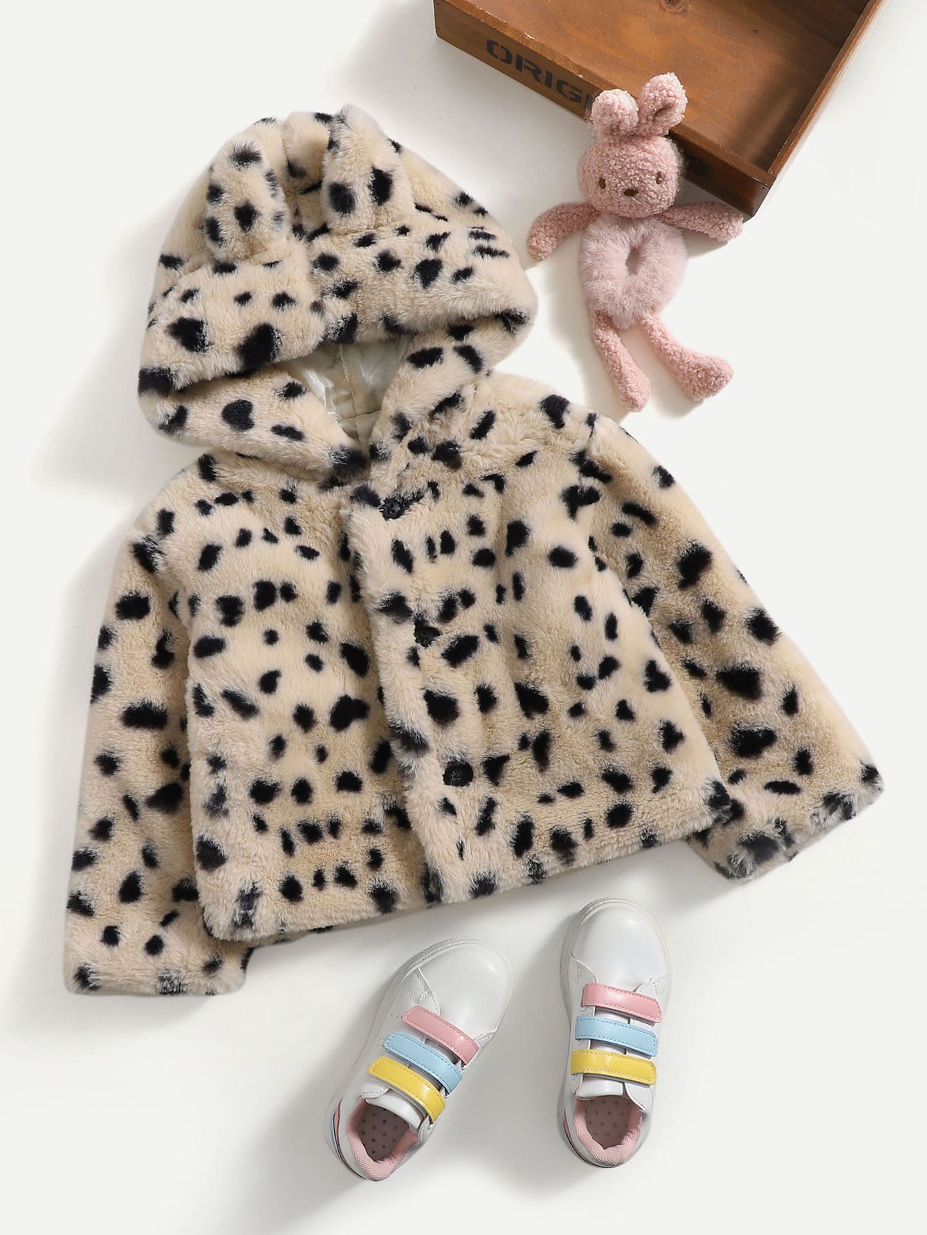 Toddler Girls Dalmatian Pattern Hooded Fuzzy Coat - Apricot - View 1