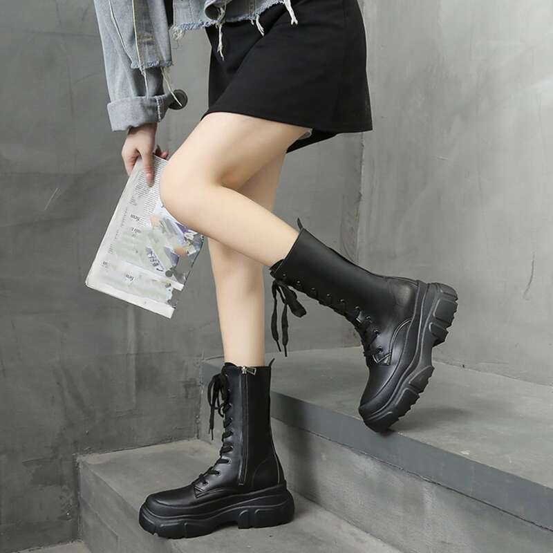 

Side Zip Lace-up Front Flatform Combat Boots, Black