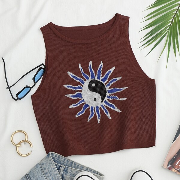 

Yin & Yang Pattern Sweater Vest, Coffee brown