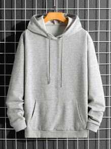 Manfinity Homme 男士素色袋鼠口袋抽繩連帽衫 - 灰色 - 查看 1