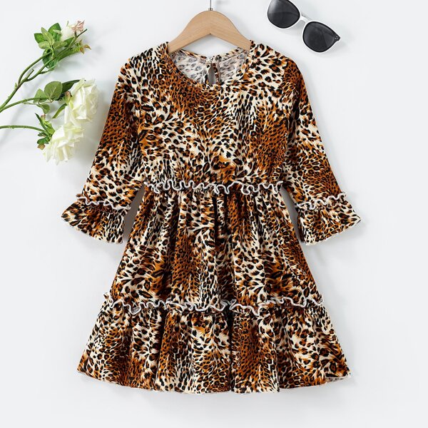 

Toddler Girls Leopard Print Flounce Sleeve Frill Trim Dress, Multicolor