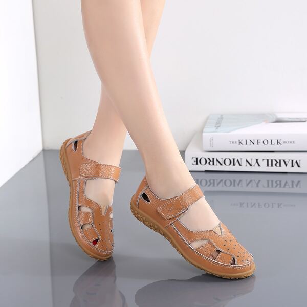 

Velcro Strap Hollow Out Design Flats, Camel