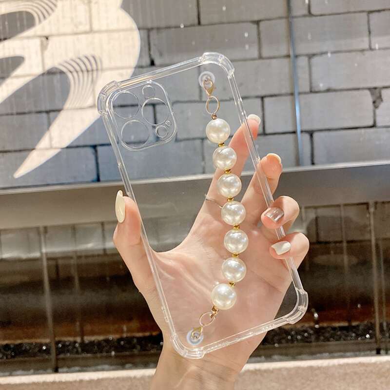 

Transparent Phone Case With Faux Pearl Beaded Hand Strap, Multicolor