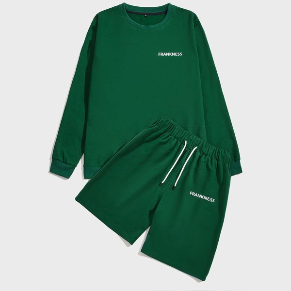 

Men Letter Graphic Sweatshirt & Drawstring Track Shorts, Green