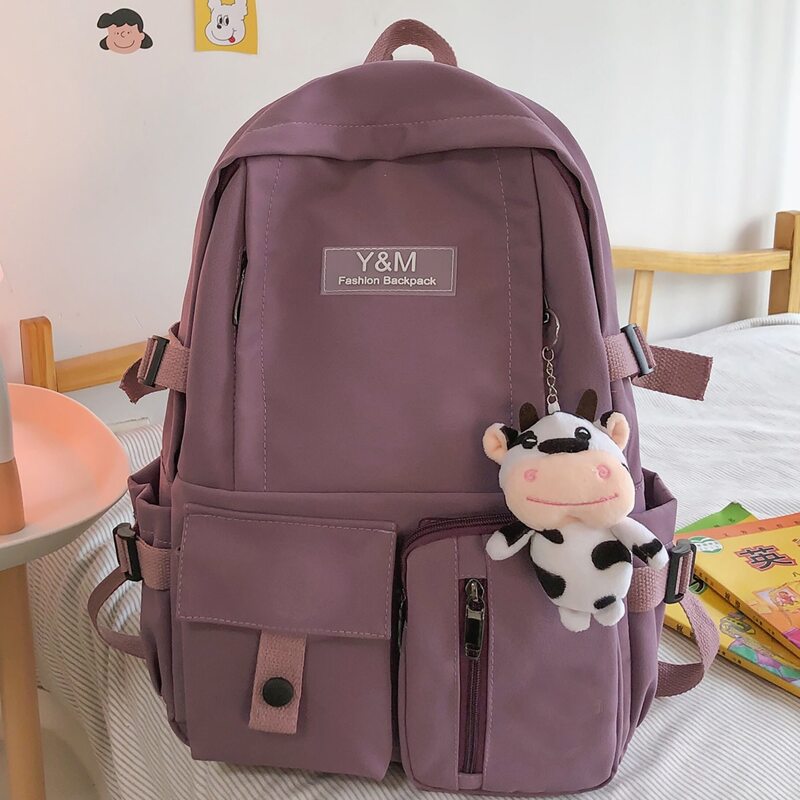 

Pocket Front Backpack With Cartoon Charm, Purple
