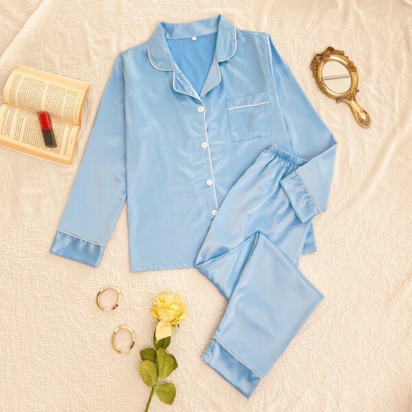 

Contrast Binding Pocket Front Pajama Set, Baby blue
