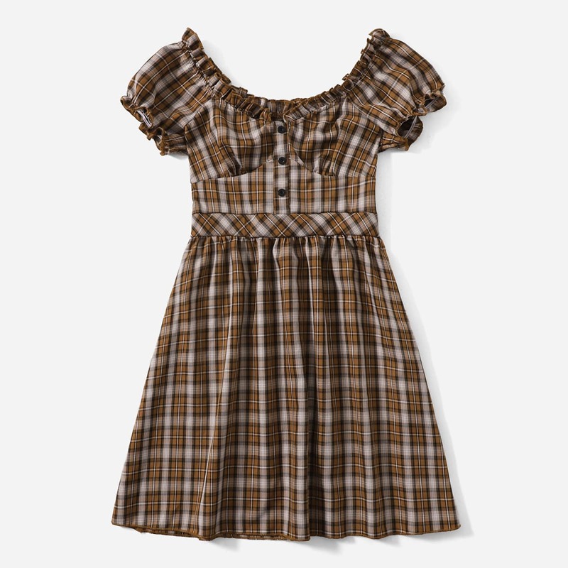 

Plaid Print Frill Trim A Line Dress, Coffee brown