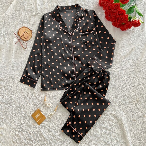 

Polka Dot Satin Night Set, Black