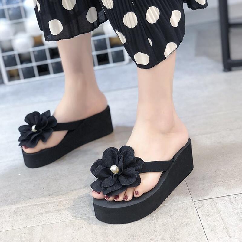 

Flower Decor Platform Thong Sandals, Black
