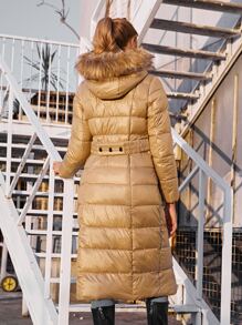 ZIAI Damen Lässig einfarbige Winter Mäntel Neue Mode Gürtel Schlank Dicke Mäntel Damen Herbst Winter Büro Tragen Pelz Kapuze Damen Winter Mantel - Kamelfarben - Übersicht 4