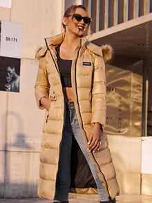 ZIAI Damen Lässig einfarbige Winter Mäntel Neue Mode Gürtel Schlank Dicke Mäntel Damen Herbst Winter Büro Tragen Pelz Kapuze Damen Winter Mantel - Kamelfarben - Übersicht 5