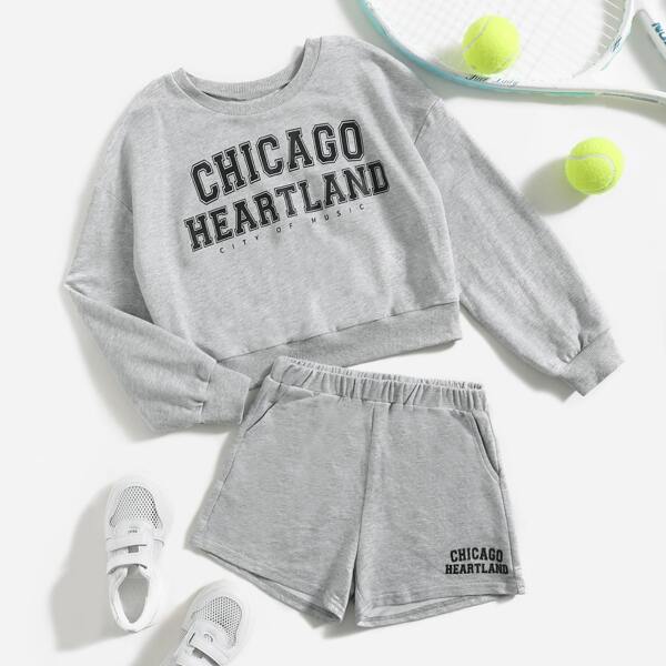 

Girls Letter Graphic Pullover & Slant Pockets Shorts, Light grey