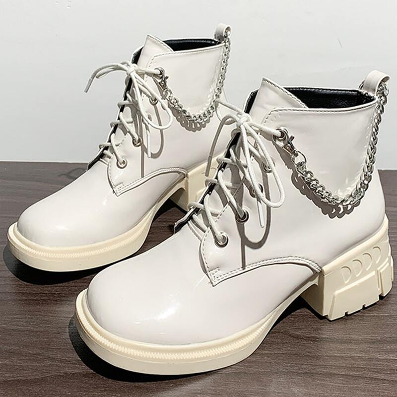 

Chain Decor Lace-up Front Combat Boots, Beige