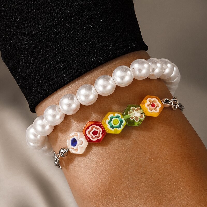 

2pcs Faux Pearl Beaded Bracelet, White