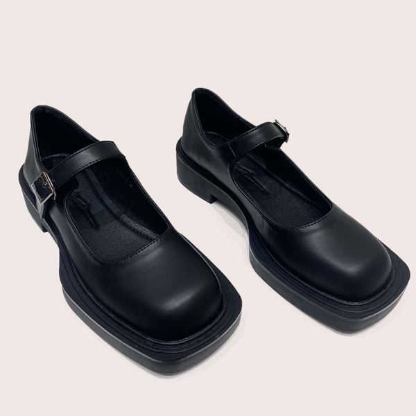 

Buckle Detail Square Toe Mary Janes, Black