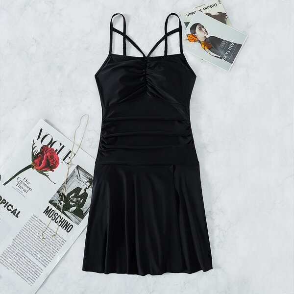 

Plain Ruched One Piece Swimsuit, Black