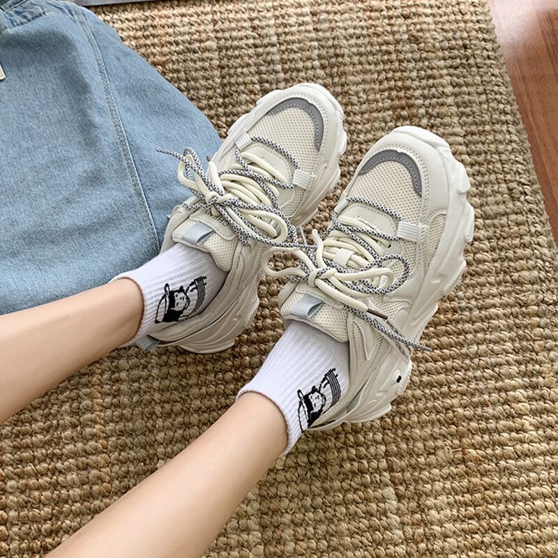 

Lace-up Front Low Top Chunky Sneakers, Beige